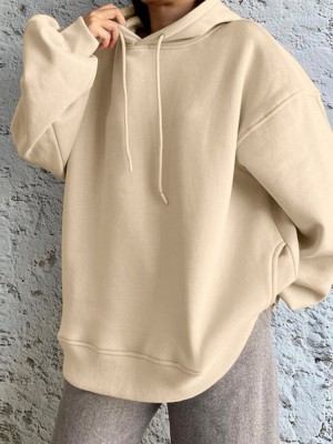 Solid Drop Shoulder Pocket Drawstring Long Sleeve Loose Hoodie