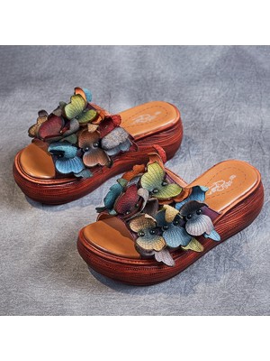  Handmade Leather Holiday Floral Platform Casual Beach Sandals