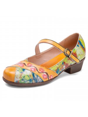  Vintage Oil Painting Fresh Color Print Leather Low Heels Buckle Mary Jane Shoes