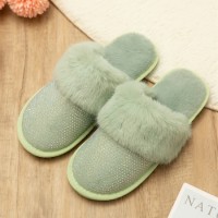 Women’s Large Size Solid Color Rhinestone House Furry Slippers