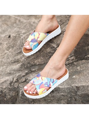 Women Casual Comfy Summer Vacation Colorful Leaf Pattern Outdoor Slippers