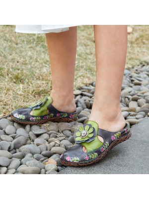  Genuine Leather Hand Made Retro Ethnic Floral Embellished Slip  On Comfortable Closed Toe Slippers