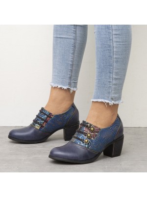  Genuine Leather Retro Floral Slip  On Comfy Round Toe Loafers Heels