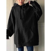 Women Loose Pocket Raglan Solid Color Long Sleeve Casual Hooded Sweatshirt