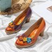  Genuine Leather Retro Ethnic Three  dimensional Flower Comfy Heels