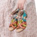  Genuine Leather Casual Bohemian Ethnic Colorblock Comfy Lace  up Heeled Sandals