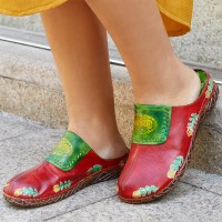  Genuine Leather Hand Made Retro Ethnic Floral Slip  On Comfortable Closed Toe Slippers