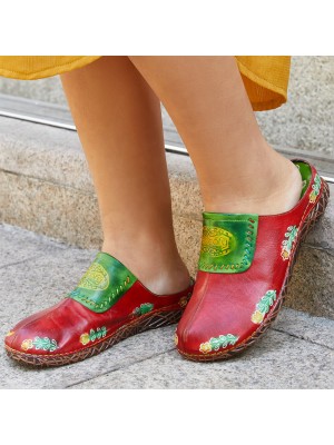  Genuine Leather Hand Made Retro Ethnic Floral Slip  On Comfortable Closed Toe Slippers