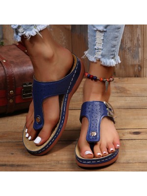 Plus Size Women Casual Comfy Summer Vacation Clip Toe Handmade Stitching Wedges Slippers