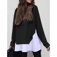 Women Loose Spliced Solid O  Neck Pullover Long Sleeve Casual Sweatshirt