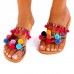 Large Size Summer Women Fur Ball Colorful Bohemian Comfy Flat Sandals